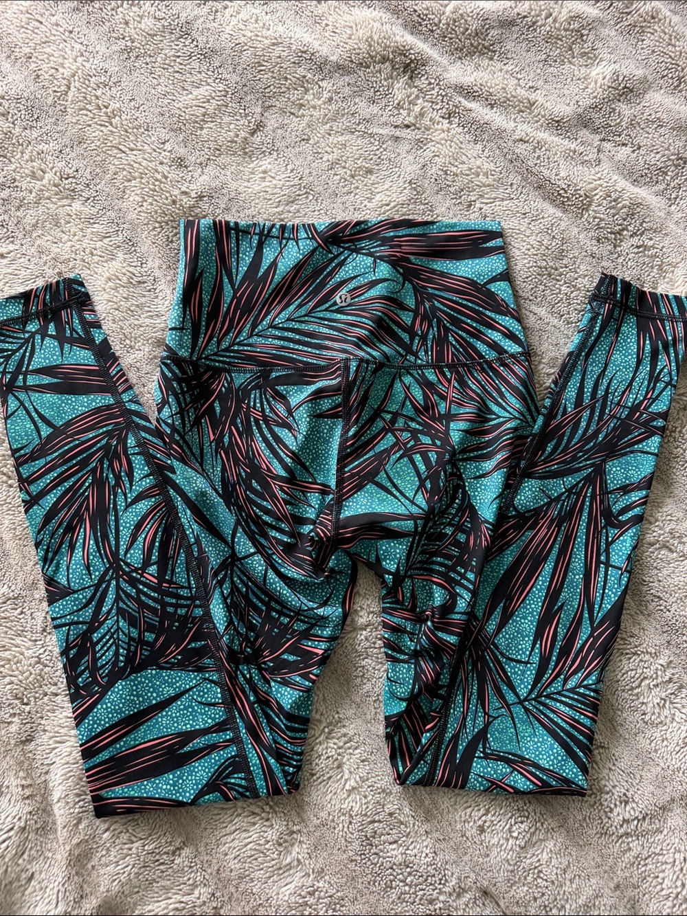 lululemon athletica Teal Palm Print Leggings with Pink Accents